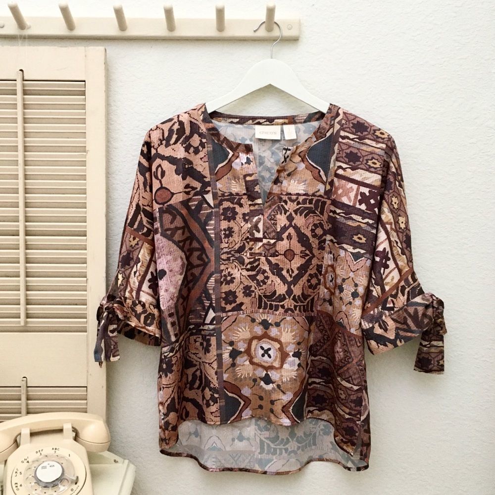CHICO’S Tribal Ethic Hi Lo 3/4 Sleeve Pullover Top